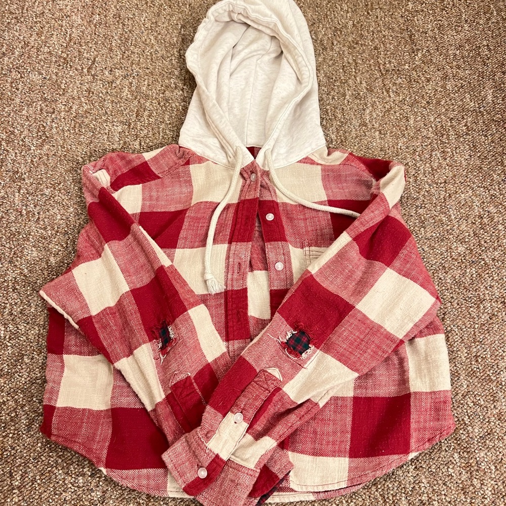 American Eagle Cropped Flannel Hoodie